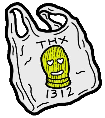 A shopping bag with a design of a neon green/yellow balaclava, with text that reads "THX" on top and "1312" on bottom.